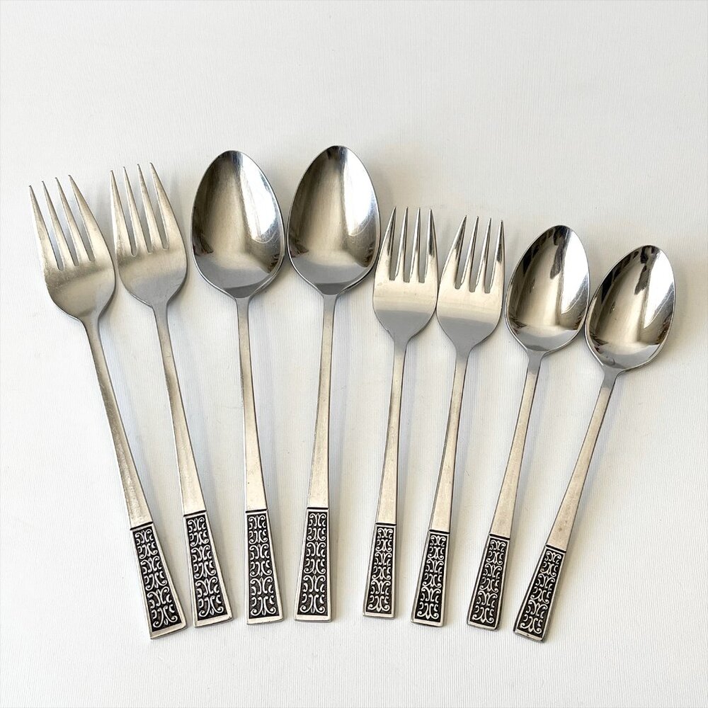 Set of 8 Vintage MCM Stainless Steel Japan Forks Spoons Black Scroll Retro